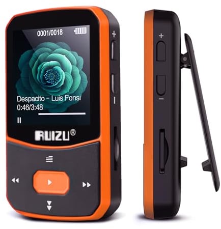 64GB MP3 Player Bluetooth 5.3 Sport mit 1.5 Zoll TFT Farbbildschirm, Mini Musik Player mit Clip, Laufen, UKW-Radio, Recorder, Schrittzähler, A-B-Wiederholung, unterstützt 128GB SD-Karte