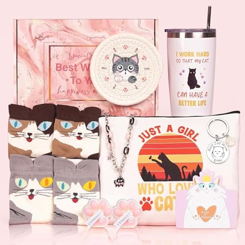 Katzen-Mama-Geschenke für Frauen – Geburtstagsgeschenke für Katzenliebhaber mit 590 ml Becher, Make-up-Tasche, Schlüsselanhänger, Untersetzer, Duftkerze, Katzen-Geburtstagsgeschenke, Korb für beste