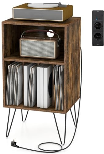 GOPLUS Mesa Auxiliar con Estación de Carga USB Tipo C, Soporte para Discos de 3 Niveles con 5 Compartimentos de Almacenamiento, Estación de Carga y Patas de Metal Resistentes, 53 x 46 x 87 CM
