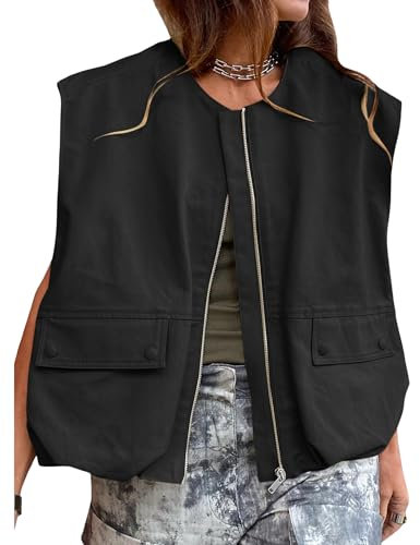 Felcia Damen-Weste mit Reißverschluss, ärmellos, einfarbig, übergroße Jacke, lockere Passform, Sommerweste, Schwarz , 42
