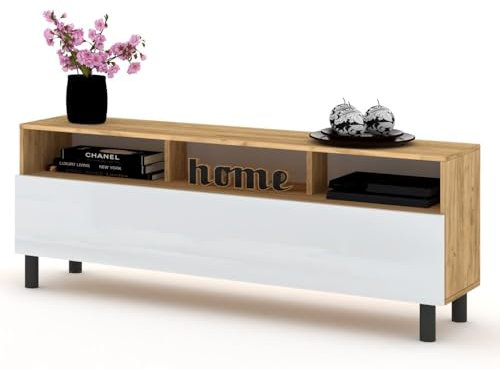Euro Style TV-Schrank King TV Lowboard Kommode Fernsehschrank Wohzimmer 100/120/140/160cm, Golden Eiche Craft/Weiß Hochglanz 140