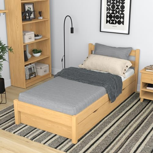N-wood N01 Bett mit Schublade 100x190 cm, 100% aus Holz, Bettgestel mit lattenrost, Einzelbett für Kinder, Jugendliche und Erwachsene, Stabile Massivholzkonstruktion, Naturkiefer