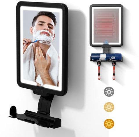 Shower Mirror for Shaving Anti-fog with 3 Color Modes Light, 5000mAh Rechargeable Battery, Heated Anti-Fog Waterproof for Bathroom, Shaving Mirror with Shelf and Razor Holders, 9.5*8 inch - Black
