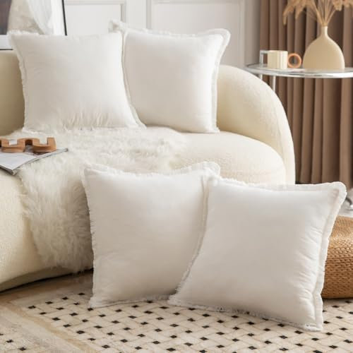 Mandioo 4er Set Neutralen Baumwolle Kissenbezug 60x60cm Herbst Quasten Dekorative Kissenbezüge Boho Sofakissen Dekokissen Kissenhülle für Couch Sofa Schlafzimmer Wohnzimmer Cremeweiß