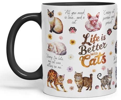 Vixar Life is Better with Cats Joke Pets kittten Ceramic Coloured Mug Cup for Tea Coffee Hot Brew 330ml 11Oz Gift (Black)