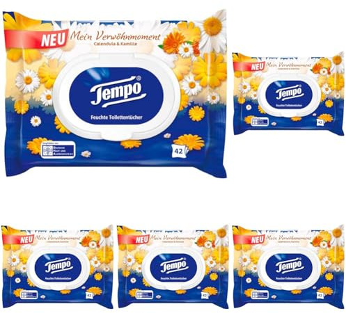 Tempo Feuchte Toilettentücher Calendula, 42 Tücher (Packung mit 5)