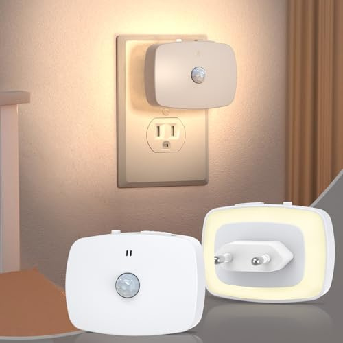 OQIMAX 2 Stück Nachtlicht Steckdose mit Bewegungsmelder und Dämmerungssensor, Warmweißes LED hinterleuchtete, Helligkeit Einstellbar, Auto/Off/Night, 3 Farbtemperatur (3000k-6000k) für Flur