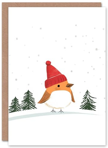 Wee Blue Coo Personalised Robin Bird Wearing Winter Hat Snowy Landscape For Him Or Her Art Xmas Christmas Card