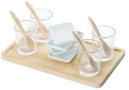 Set Aperitivo Moderno Completo con 4 Ciotoline 4 Vasetti 4 Cucchiaini e Tagliere in Legno Vassoio per Aperitivi e Idea Regalo Mod. Wood Fujisawa