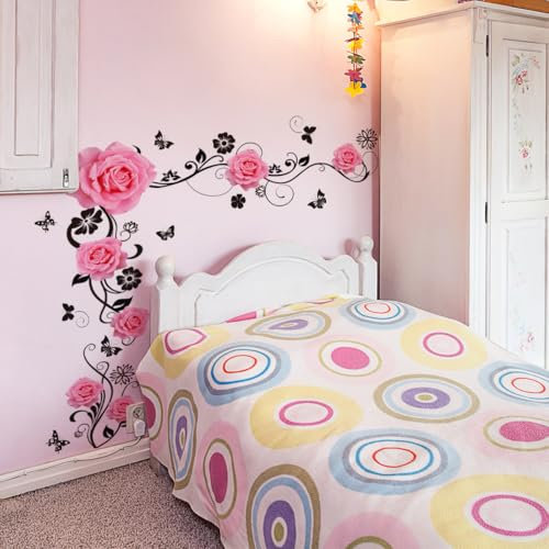 HGDESIGN® Wandtattoo Wandaufkleber Rot Rosen Blumenranke Wohnzimmer Schlafzimmer Wandsticker Wandbild Wanddeko Selbstklebend (Rosa)