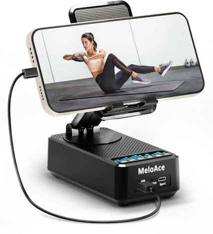 Meloace Phone Stand with Wireless Bluetooth Speaker, Crystal-clear & Loud Sound, Adjustable Holder with LED Light, 5000mAh Battery for Ultra-long Playtime, Emergency Power Supply (Black)