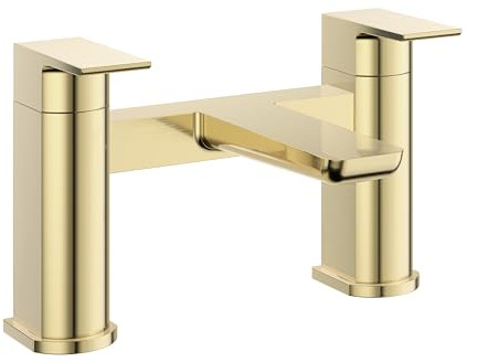 VeeBath Lagoon Soft Square Bath Filler Mixer – Modern Brushed Brass Finish, Dual Lever Control, G3/4 BSP Inlet, Deck Mounted Square Bathroom Taps Pair, Bath and Basin Taps