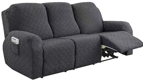 ATEK 3 Seater Recliner Chair Cover, Stretch Recliner Sofa Covers | Recliner Slipcover with Side Pockets, Anti-Slip Fitted Washable Replacement Furniture Protector Dark Gray