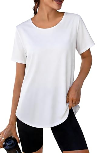 Crewhpo Sportshirt Kurzarm Damen Back Mesh Funktionsshirt Locker Sportshirt Leichtes Laufshirt Fitness Sport Oberteile Atmungsaktiv UPF 50+ Sport Tshirt Für Yoga Tennis Weiß M