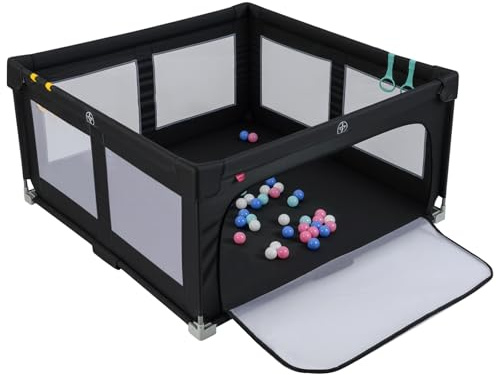 LIFEZEAL 150 x 150 cm Laufstall Baby, Faltbarer Babyspielplatz aus Oxford-Gewebe und atmungsaktivem Netz, Laufgitter Baby Sicherheitsspielplatz mit Tragetasche für Kleinkinder (Schwarz)