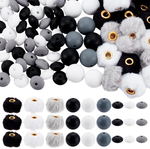 PH PandaHall 108pcs Perle Noire Blanche Grise pour Kit de Fabrication de Porte-Clés 12/15/20mm Perles en Silicone à Gros Trous Pompons Moelleux pour Stylos Porte Clés Bijoux, Trou 2~4mm