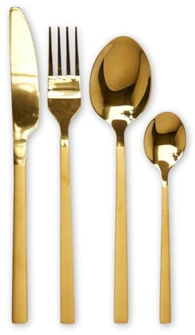 Envenzo 16-Piece Stainless Steel Cutlery Set, Modern Silverware Set for 4, Dishwasher Safe, Mirror Polished Cutlery Set Spoon, Knife and Fork Set, Black, Gold, Silver, Steel (Gold)