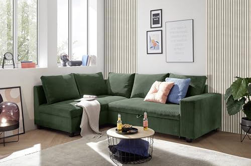 Ecksofa L-Form aus Cordstoff mit Schlaffunktion, grün (Wintermoss) – Liegefläche 147 × 207 cm, Breite 243 cm, Sitzhöhe 45 cm, Modell MIRA