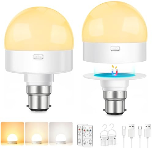Morotty Rechargeable Light Bulb B22 for Emergency,Camping,Bedside,Pack of 2 | Magnetic Base Detachable,3 Colours, Remote Control & Timer