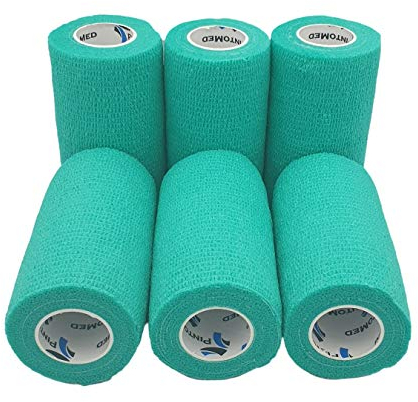 PintoMed Selbstklebender Verband, Gedehnt - 6 x Grün - 10 cm x 4,5 m Bandagen Rollen Haftbandage; Fixierbinde selbsthaftend; Health Pflaster, sport tape; Stück für Handgelenk, Bein, Arm, vet wrap