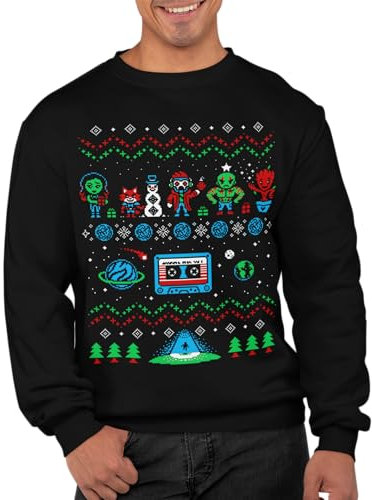 Graphic Impact Inspired UGLY Christmas Animation Galaxy Jumper Ugly Sweater Festive Xmas Sweater Top (UK, Alpha, S, Regular, Regular) Black
