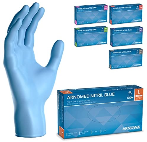 ARNOMED Nitril Einweghandschuhe 100 Stück/Box, L, puderfreie & latexfreie Einmalhandschuhe, Blaue Nitrilhandschuhe, in Gr. XS, S, M, L, XL & XXL verfügbar