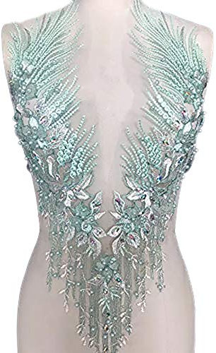 Spitzenapplikation 3D mit Perlen bestickt, Blumen, Strass, Besatz-Patches, ideal für Handarbeiten, Ausschnitt, Mieder, Hochzeit, Braut und Ballkleid - A2AB A mint