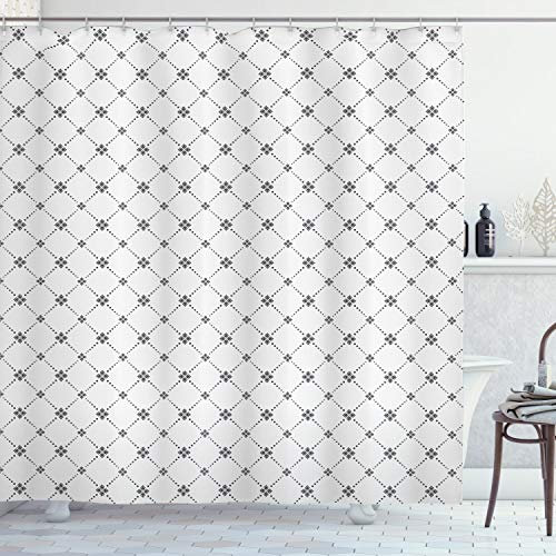 ABAKUHAUS Geometrisch Duschvorhang, Gepunktete Moderne Blumen, Stoffliches Gewebe Badezimmerdekorationsset mit Haken, 175 x 240 cm, Grau und Weiß