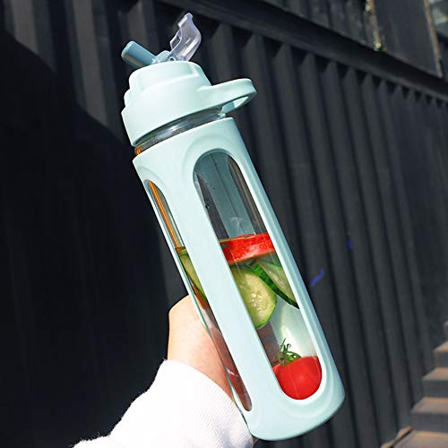 Gourde avec paille - 600 ml - Bouteille en verre anti-fuite avec embout flip et étui de protection