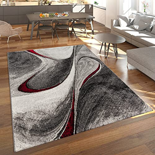 Paco Home Modern Short-Pile Rug Living Room Mottled Abstract Design Grey Red Black, Size: 4' x 5'7