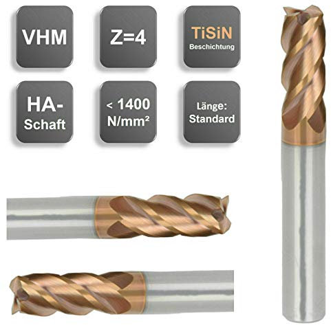 VHM HPC Fräser, Schaftfräser, Ausw. Ø 1-20 mm, TiSiN-Beschichtet, Z=4, GEFRABO, Größe: 5,00 x 13 x 50 mm - d2=5 mm