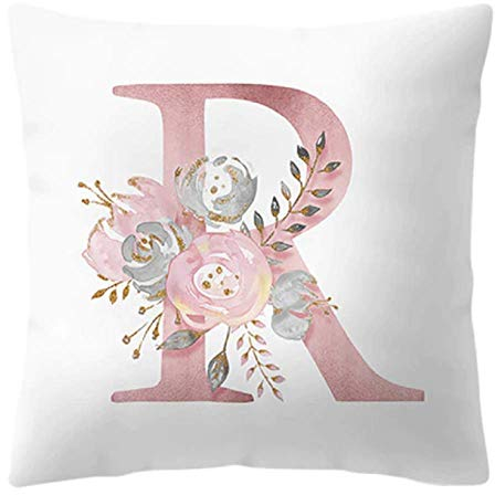 Kissenbezug - 45 x 45 cm - Buchstabe R - Initiale - Name - Alphabet - Dekokissen - Sofa - Bett - Haus - Schlafzimmer - Rosen - Blumen - Farbe weiß und rosa
