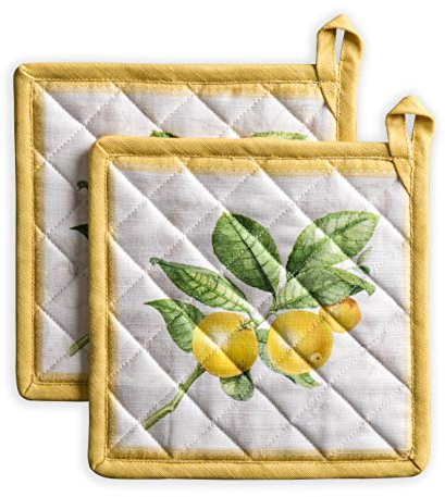 Maison d'Hermine Pot Holders100% Cotton Set of 2 Pot Holders 20cm x 20cm with Loop Heat Resistant Grilling Microwave Barbeque Handling Hot Pans - Gifts for Mothers Day Spring/Summer (Limoncello)