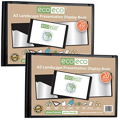 eco-eco Eco096x2 Präsentationsbuch, A3, 50% recycelt, 20 Taschen, Schwarz, Querformat, mit Kunststoffhüllen, 2 Stück