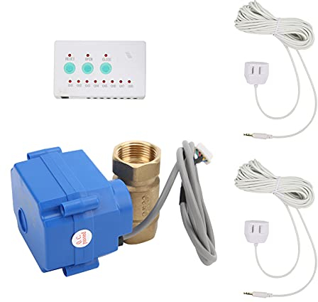 Fdit Wasserlecksensor mit 2-Wege DN20 Messingkugel-Magnetventil, Wasserleck-Frühwarnsystem - Undichtes Automatisches Abschaltventil & Akustischer Lichtalarm, für Rohr(EU)