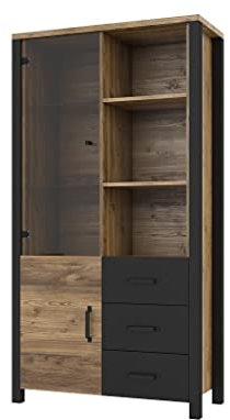 Furniture24 Vitrine OLIN 13 Wohnzimmerschrank 2 Türiger 3 Schubkladen Appenzeller Fichte/Schwarz matt Vitrinenschrank Schrank (ohne Beleuchtung)