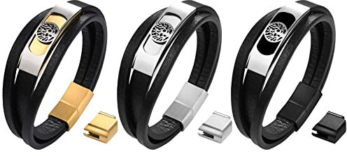 JewelryWe Schmuck 3pcs Lebensbaum Armband Herren Lederarmband Baum des Lebens Leder Geflochten Verstellbar Armreif Manschette Wickelarmband mit Edelstahl Magnetverschluss, Schwarz Gold Silber