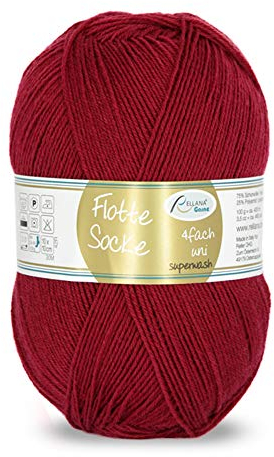 Rellana Flotte Socke uni,100 Gr. 4-fädige Sockenwolle, 75% Schurwolle(Superwash)/25% Polyamid, (908 bordeaux)