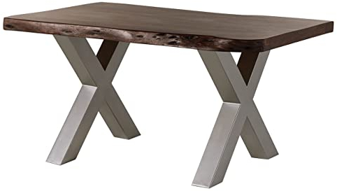 MASSIVMOEBEL24.DE Baumtisch Akazie Freeform 5 - Verschiedene Größen, Gestelle und Farben, Farbe:braun lackiert, Größe:140x90 cm, Gestell:X-Beine Silber matt