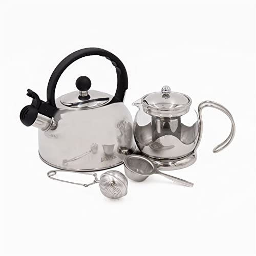 La Cafetière 660 ml Glass Teapot, Whistling Tea Kettle, Tea Strainer with Stand and Tea Infuser Set
