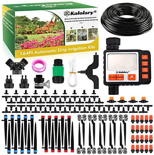 Kalolary Drip Irrigation Kit, 164 Ft Adjustable Garden Watering System with Timer, 133 PCS Blank Distribution Watering Drip Tubing Kits for Patio Lawn Garden Greenhouse Flower Bed