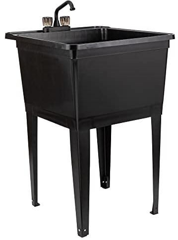 Tehila Basics von JS Jackson Supplies freistehende Waschbecken mit schwarzem 2-Griff-Wasserhahn, robuste Kunststoff-Wäschewanne mit verstellbaren Beinen