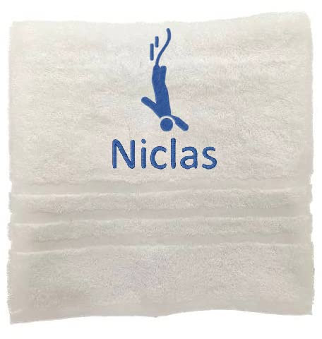 Personalisiertes Handtuch mit Namen Schön gestickter Sport Name Handbadetuch 100% Baumwollhandtuch Sportliche Motive Personalized Custom Towel with Name (140 x 70 cm, Tauchen)