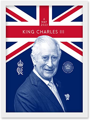 Artery8 King Charles III Coronation Reigning Under the Union Flag Royal Crest Emblem Artwork Framed Wall Art Print A4