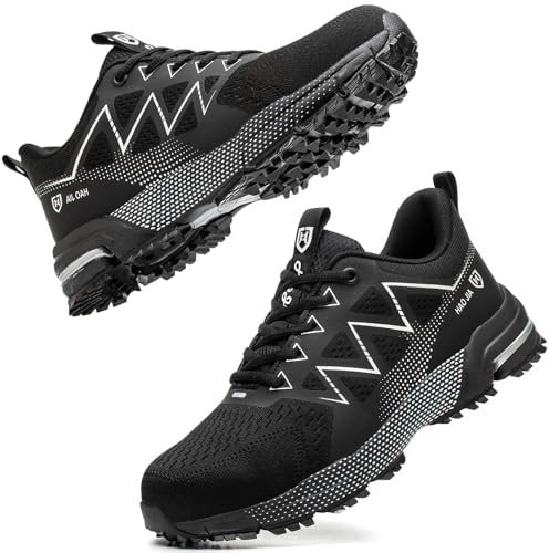 KTDYG Sicherheitsschuhe Herren Atmungsaktiv Arbeitsschuhe Damen Leicht Stahlkappe rutschfest Schutzschuhe, Schwarz, EU 45