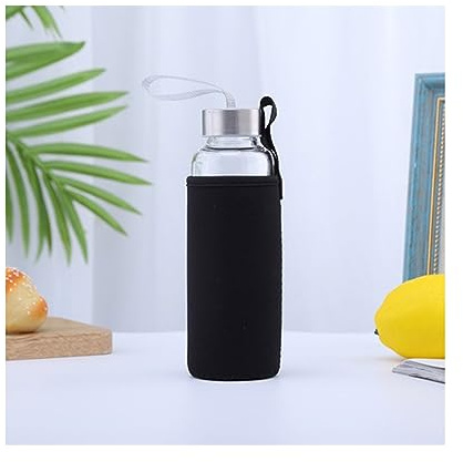 Omenluck Glass Leak-Proof light-weight Travel Water Bottle with Protective Sleeve 550ml black water bottle glass