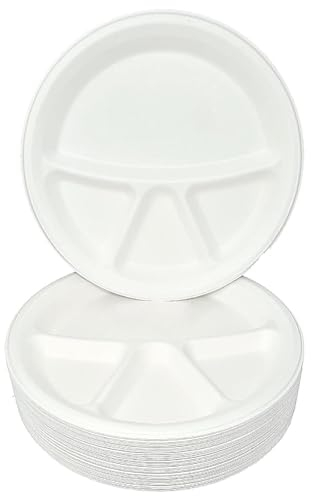 SPICOM 100% Compostable| Heavy-Duty Plates | 4 Compartment Round Plate| Eco-Friendly Disposable Sugarcane Paper Plates | Biodegradable Paper Plates (11 Inch / 200 -Packs)