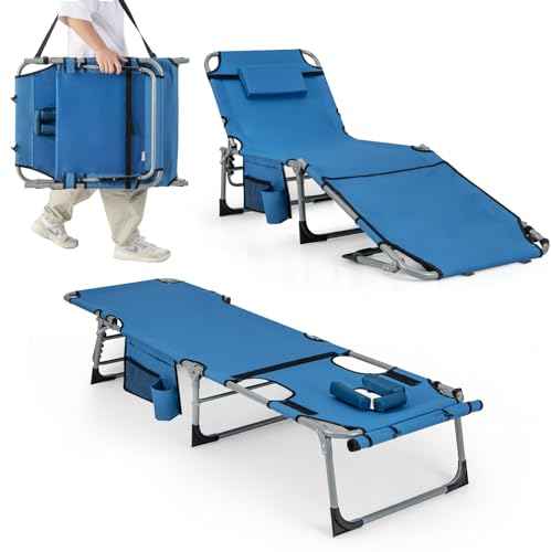 COSTWAY Sonnenliege mit Loch für Kopf und Arme, Faltbare Gartenliege mit Verstellbarer Rückenlehne und Fußteil, abnehmbarem Kissen, Seitentasche, Liegestuhl für Strand, Garten, Balkon (Blau)