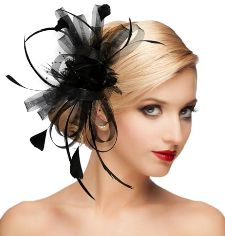 dressfan Fascinator Stirnband Hut Damen Vintage hochzeit Haarschmuck Mesh Feder Blume Hut Gatsby Haarreif 20er 50er Elegant Kopfschmuck für Hochzeit/Cocktail/Gatsby/Teeparty,Schwarz