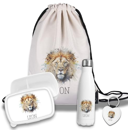 Kinder Schulset Brotdose, Trinkflasche, Turnbeutel personalisiert mit Namen | Set Wasserflasche Edelstahl | Lunchbox mit Trennwand | Geschenk zur Einschulung & Kindergarten | 5 - Löwe